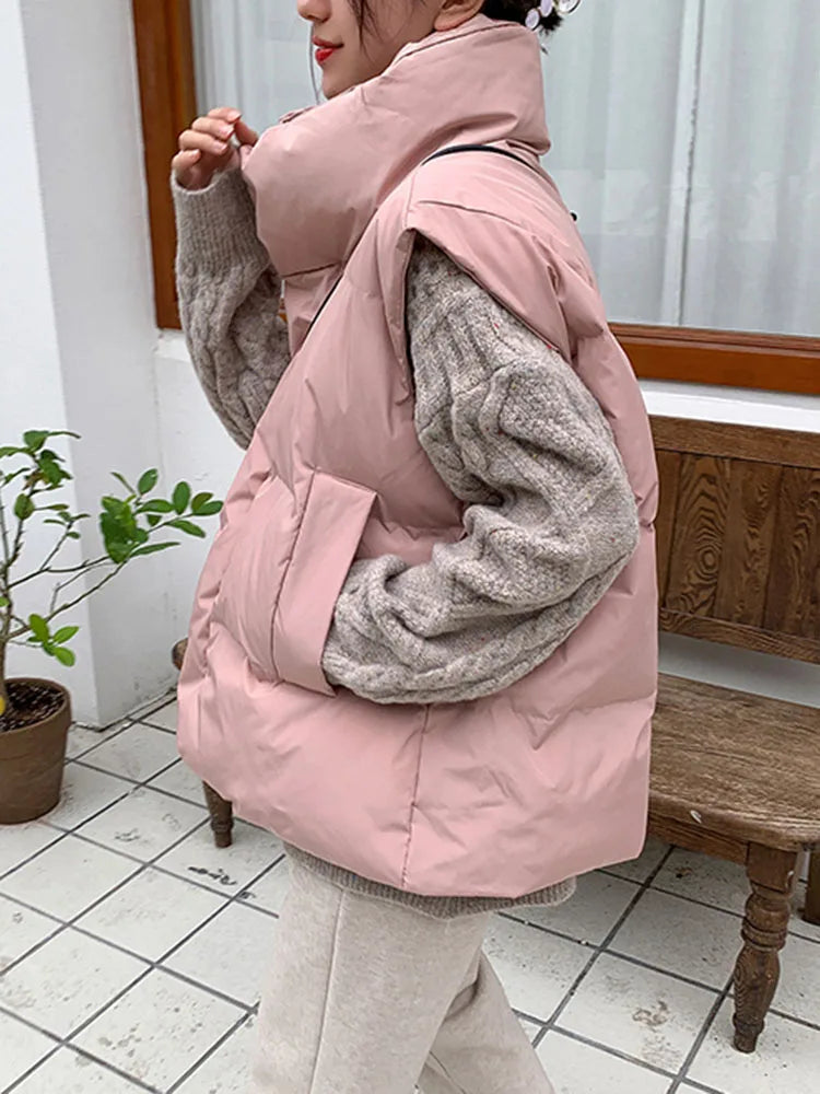 Voguable Korean Chic Thick Puffy Vest Women Winter Warm Streetwear Parkas Jacket Simple Loose Zipper Casual Cotton Down Solid Vest voguable