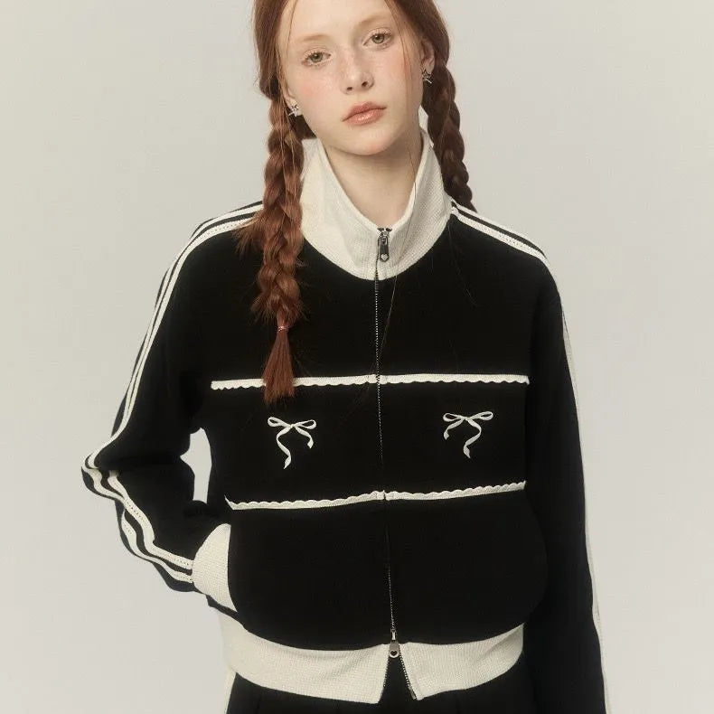 American Retro Lace Embroidery Zip Up Hoodie Bow Graphic Stand Collar Sweatshirt Causal Track Cardigan Kpop Clothes Chic voguable