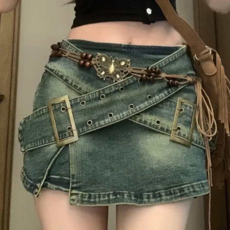 Voguable  Vintage Oversize Washed Old Denim Skirts Women New Summer Spice Girl Irregular A- Line Wide Leg Female Blast Street Denim Skirt voguable