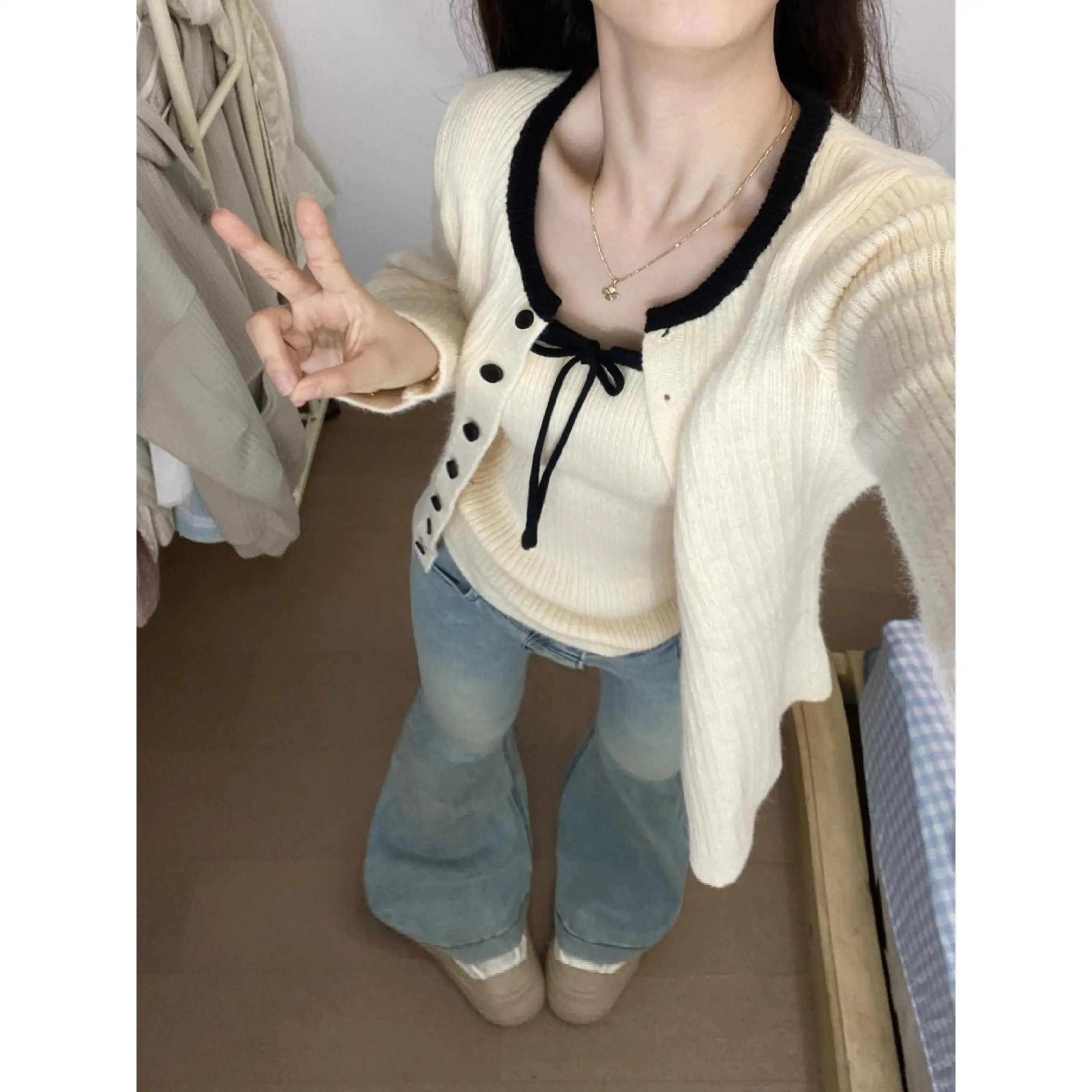 Voguable  Korean Knitted Cardigan with Suspenders Women's Autumn New Sweater Jacket Outer Top voguable
