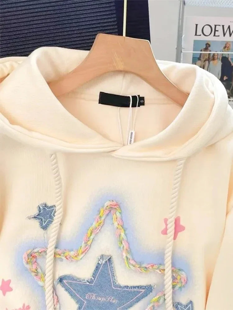 Vintage Star Print Hoodies Women Streetwear Loose Long Sleeve Sweatshirts American Retro Bf Casual Harajuku Pullover Tops voguable
