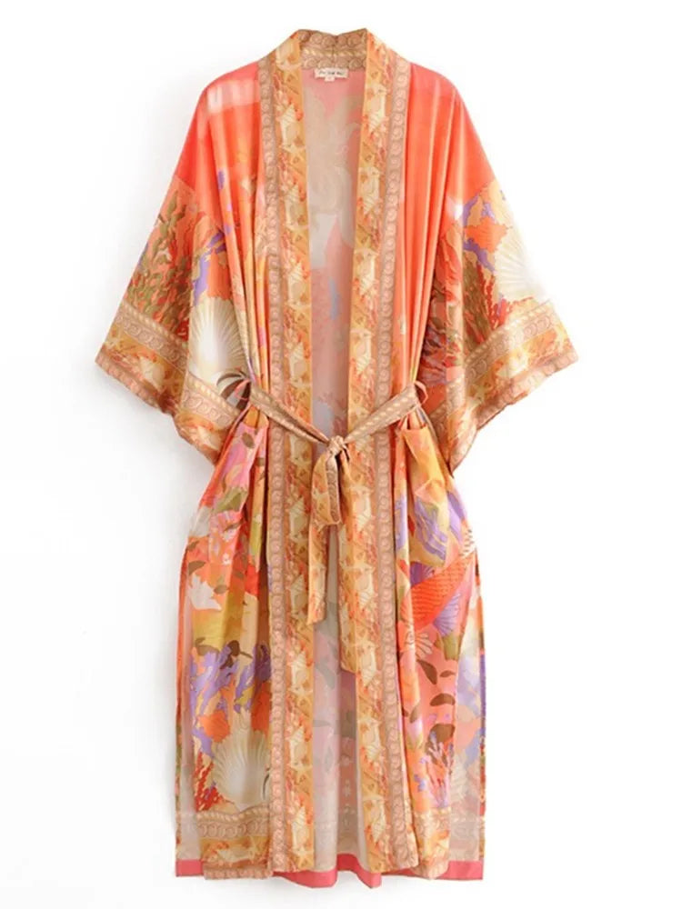 Voguable Bohemia Orange Mermaid Flower Crane Print Long Kimono Shirt Ethnic Lacing up Sashes Long Holiday Cardigan Loose Blouse Tops voguable