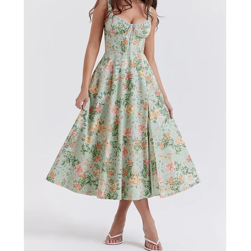 Voguable  Women French Style Floral Print A-line Midi Sling Dress Sexy Sleeveless Front Slit Female Holiday Party Summer Dress voguable