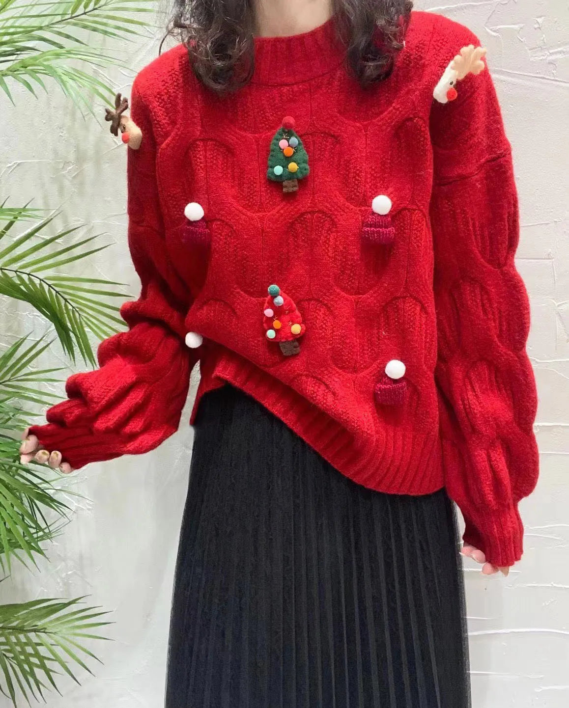 Red Christmas Sweater New Autumn/Winter Women's Unique Colorful Decal Atmosphere Feel Pullover Fashion Versatile Loose Top New Year voguable
