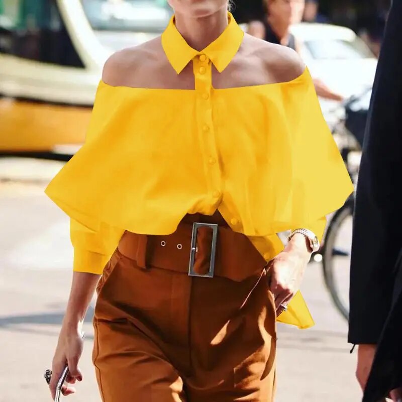 Celmia Women Off Shoulder White Tops Tunics Sexy Halter Shirt Autumn Fashion Blouse 3/4 Sleeve Casual Solid Elegant Blusas voguable