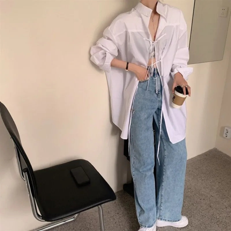 Voguable  Designed Two Outfits Bow Cardigan Bow Shirt New French Loose Lazy Blusas Mid-lebgth All-match Tops Backless Fresh Mujer voguable