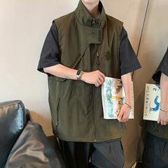 Vest Men Fashion Solid Simple Baggy Spring Autumn Sleeveless Stand Collar Asymmetrical Japanese Style Male High Street Handsome voguable