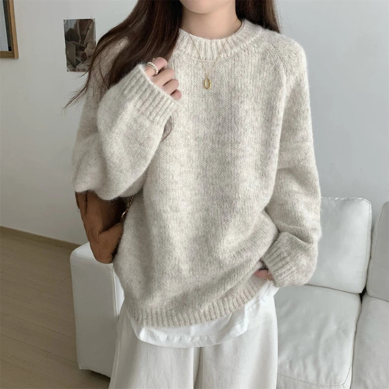 Casual Autumn Winter New Women Sweater Korean Fashion Lazy Wind Solid O-Neck Loose Long Sleeve Pullovers Knitted Tops voguable