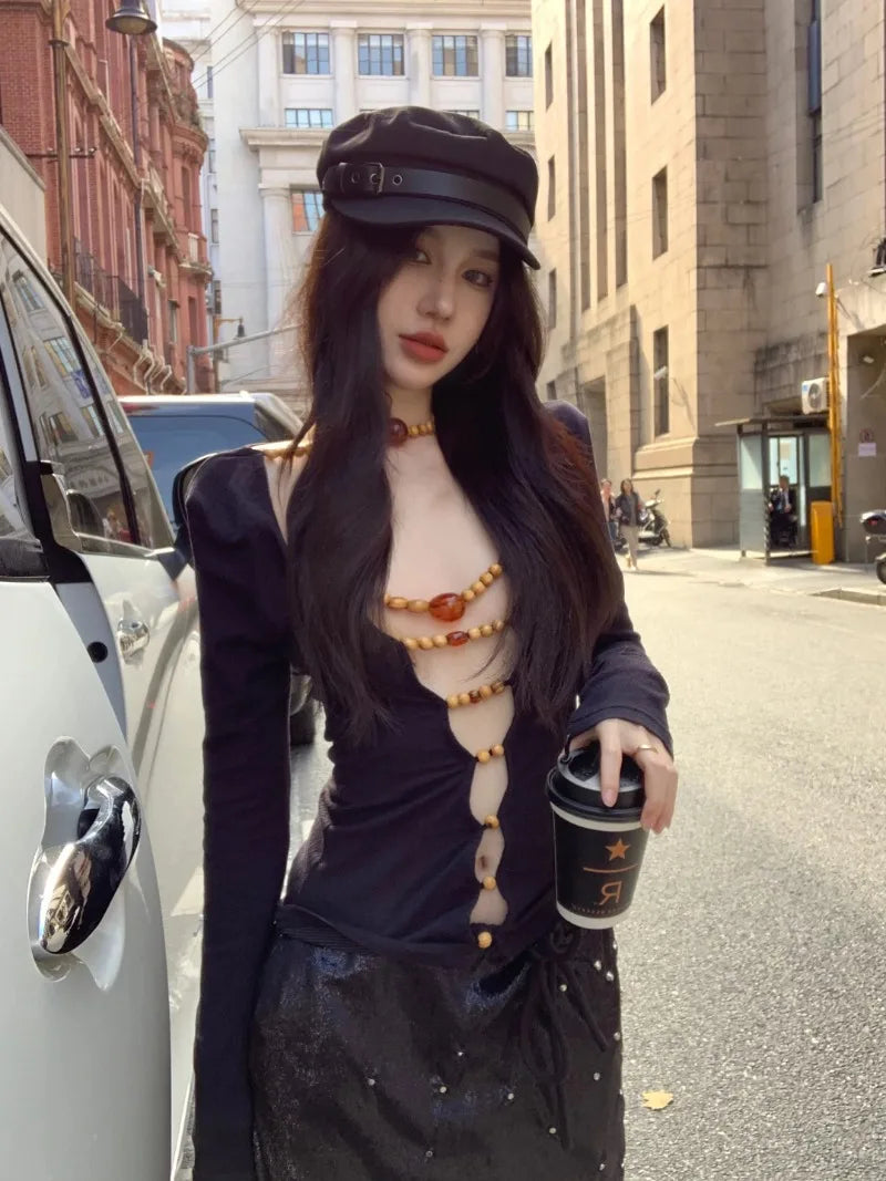 Voguable Streetwear Backless Wooden Beaded Sexy Long-sleeved T-shirt Women 2024 Summer New Off-the-shoulder Solid Color All Match Tops voguable