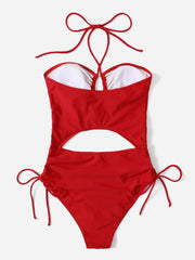 Voguable  Drawstring Swimsuit Solid Cut Out Knot Halter One Piece Swimwear Women Padded Bathing Suit Female Swimming Summer Beachwear voguable