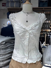 Ruffles White Basic Blouse Top for Woman Summer Folds Single Breasted Sleeveless Tank Tops Casual Cotton Vest Y2k Sweet Camisole voguable