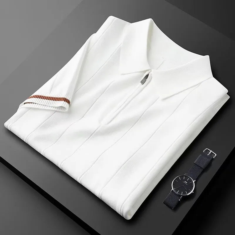 New Men's Clothing Light Luxury Business Knit Zipper Polo Shirt Leisure Short Sleeve Korean Popular Clothes Retro Knitwear M-3XL voguable