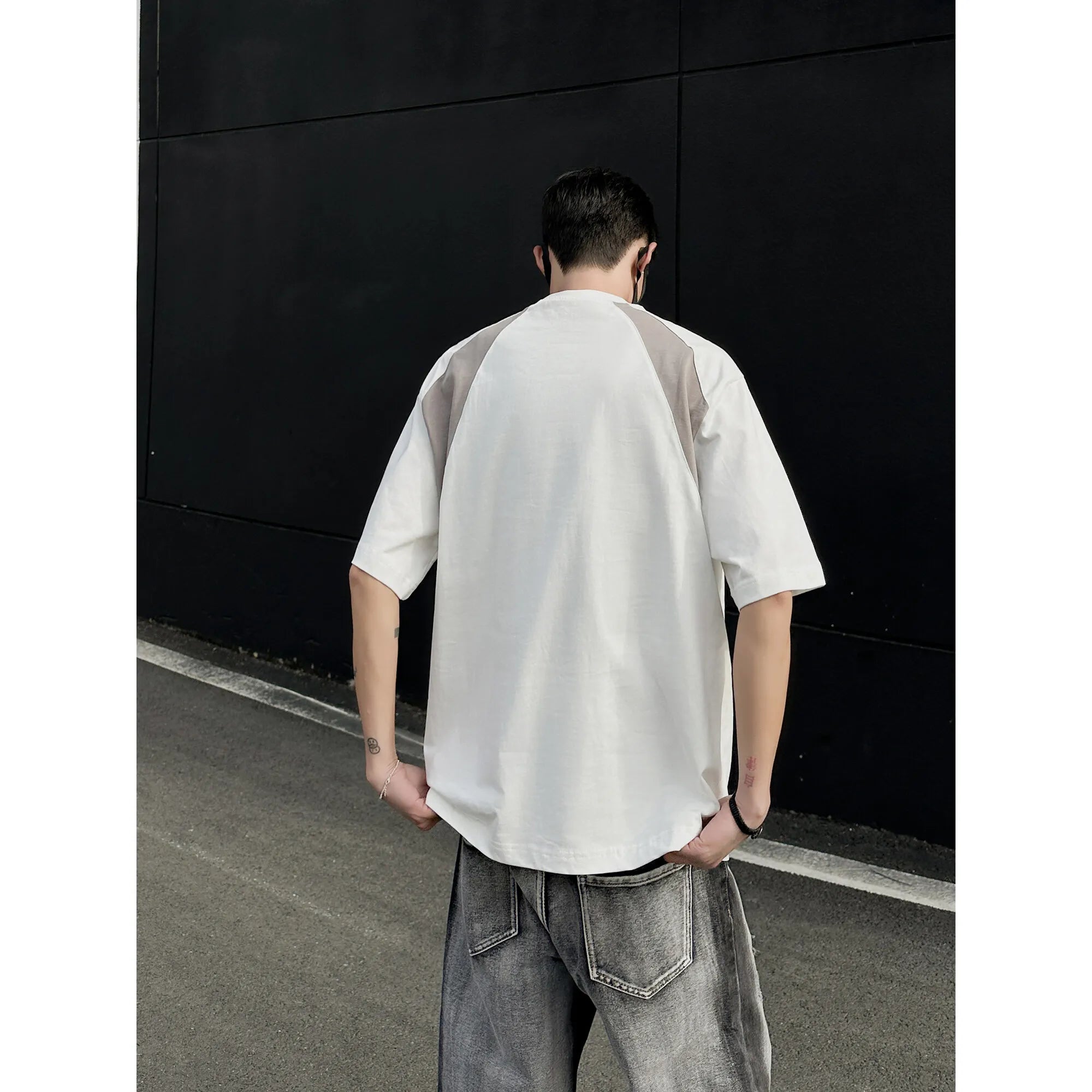 Mens Breathable Cotton Tshirt man Soft Summer Casual Slim Fit Contrast Panel Simpl Design Streetwear Fashion Tee Line Texture voguable