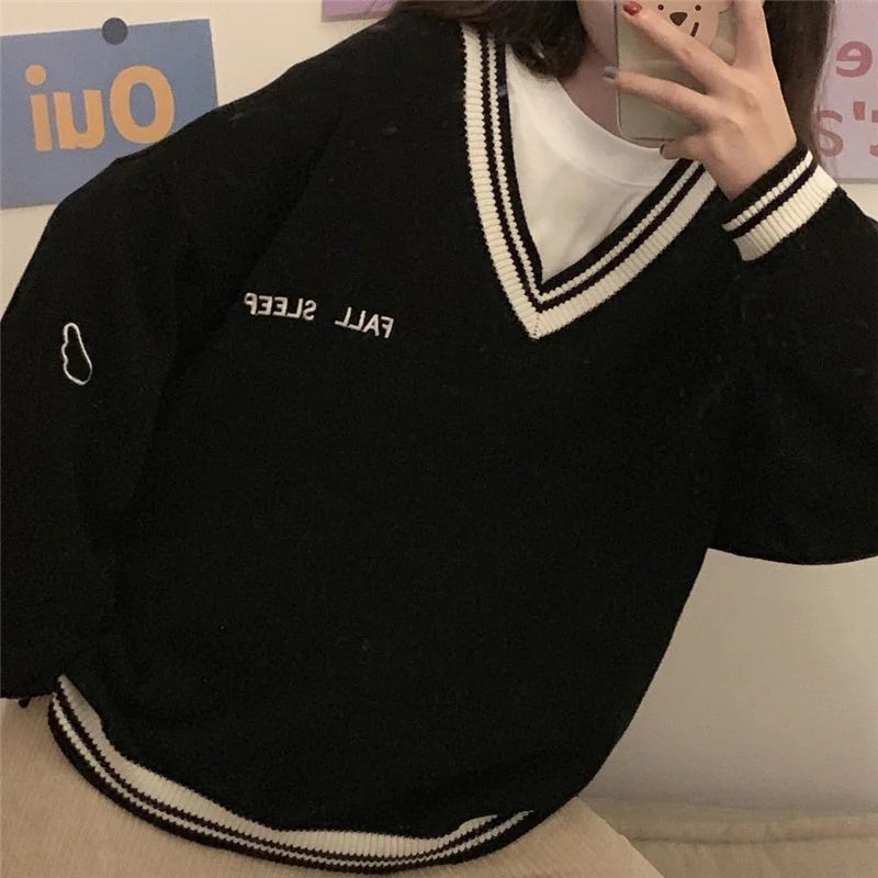 Voguable Thick Women Sweatshirt Winter Fashion V Neck Embroidery letter Pullover All Match Loose Long Sleeve Warm Black Tops New voguable