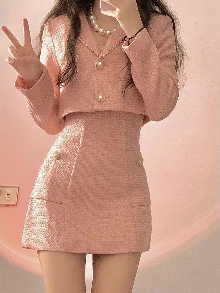 Voguable  Autumn Pink Elegant Two Piece Set Women Korean Style Balzer Coat+Strap Mini Dress Set Female Solid Casual Slim Designer Set 2024 voguable