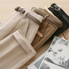 Fall Warm Woolen Belt Harem Pencil Pants Women High Waist Ankle Length Casual Suit Pants Korean Chic Office Lady Trousers voguable