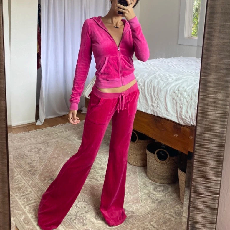 Voguable Two Piece Set Velvet Women'S Tracksuit Autumn Hooded Jacket and Sweatpants Outfits Y2K Aesthetic Slim Tops Fairy Grunge voguable