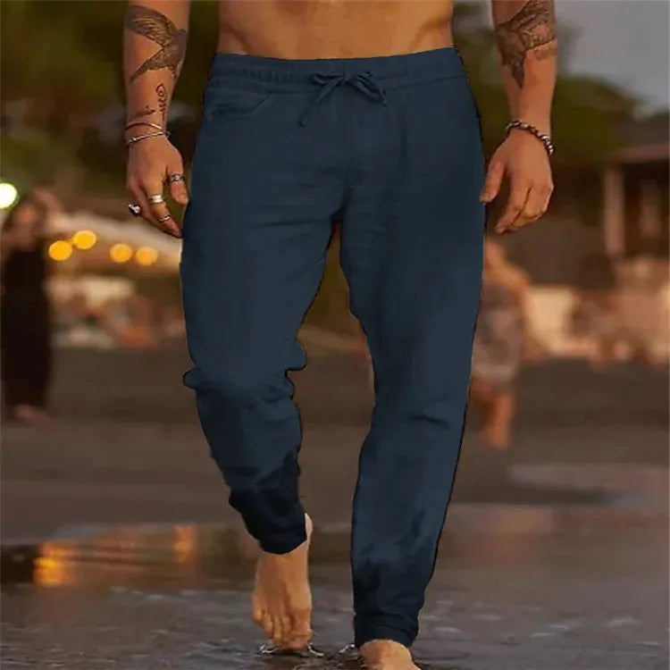 Voguable  European and American Cross-border New Men's Solid Color Drawstring Linen Loose Casual Pants voguable