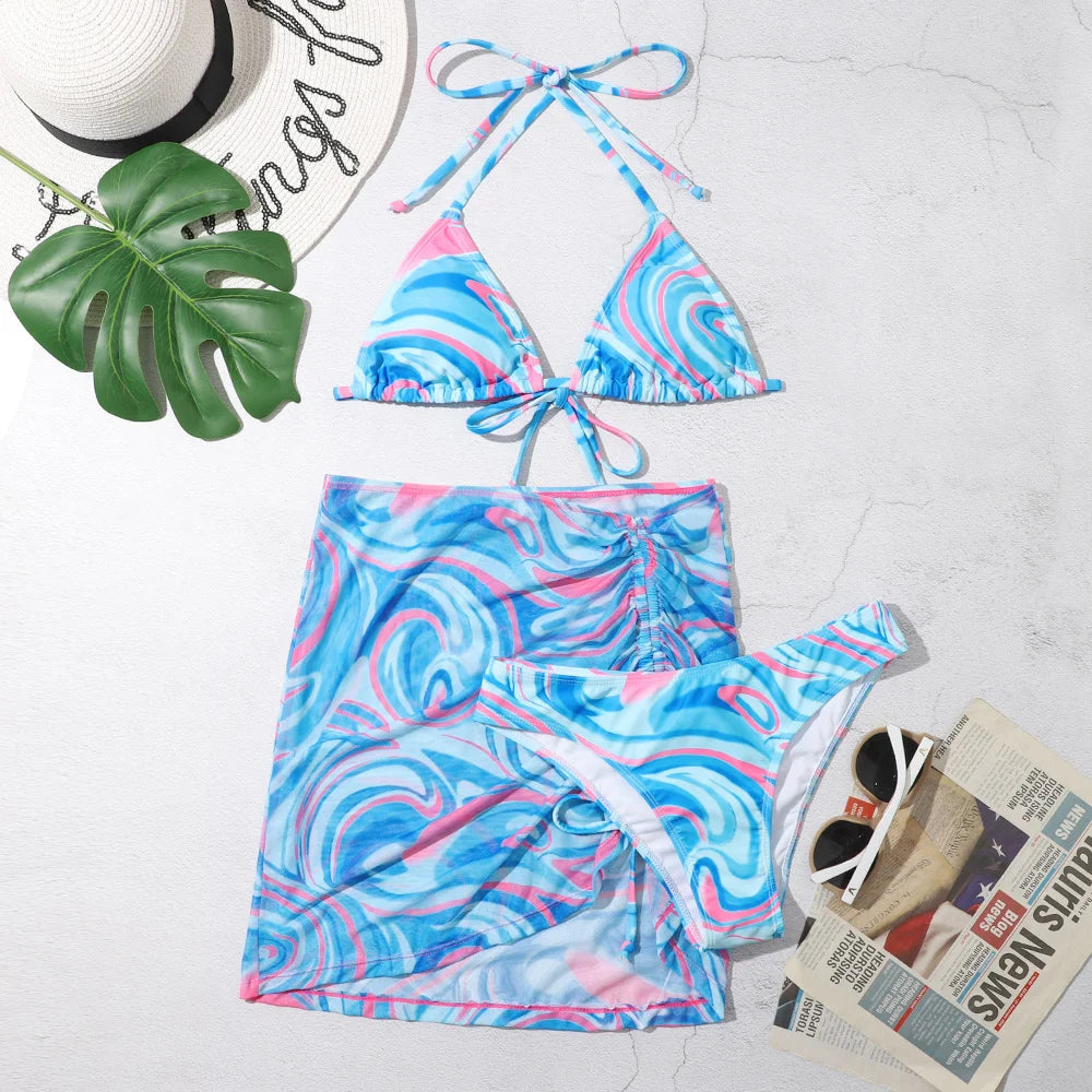 Voguable  3 Pieces Bikini Set With Skirt  Tie Dye String Thong Bathing Suit Women Swimsuit Female  Swimwear Beach Wear Swim Lady Summer voguable