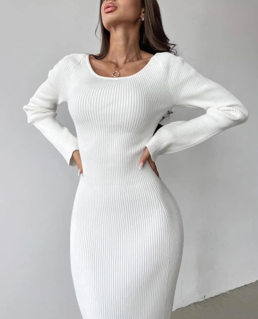 Front And Back Two-Wear Long-sleeved Rib Knitted Dress Autumn Simple Fashion Hollow V-neck Long Dresses For Women Vestidos voguable