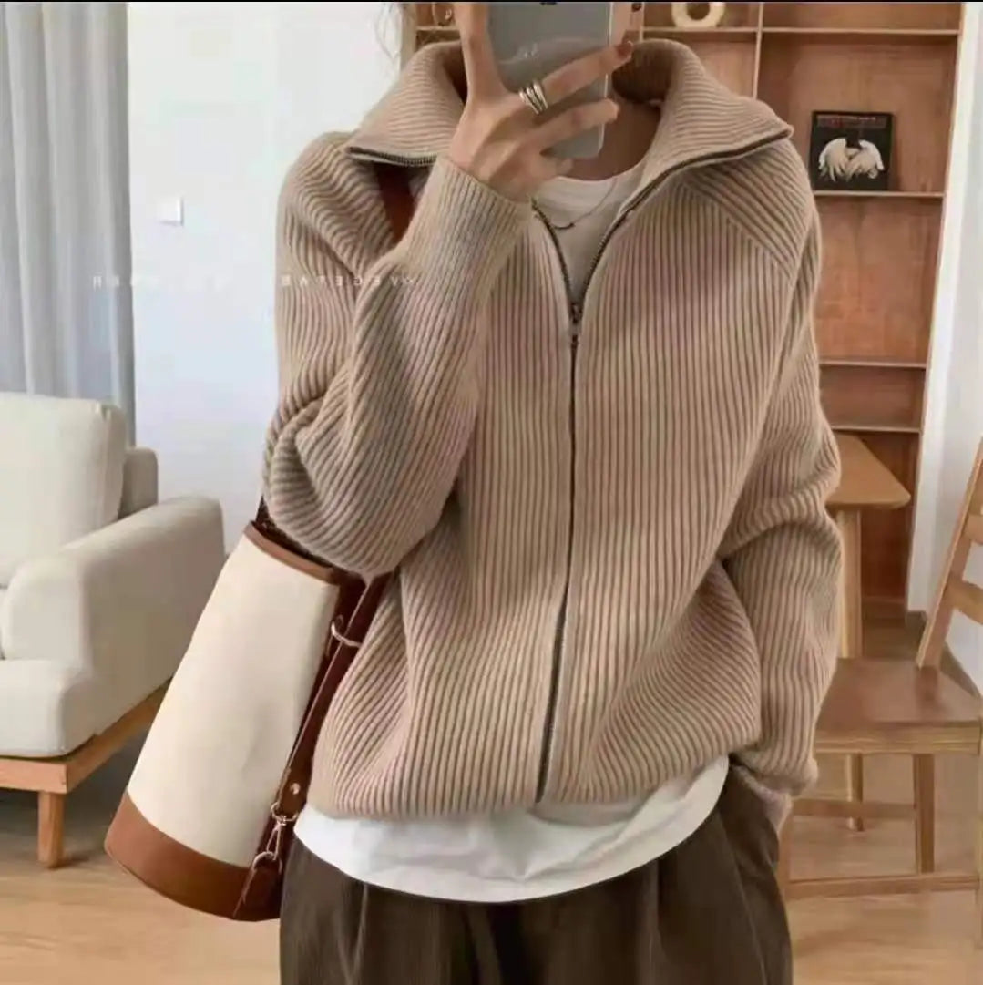 Voguable  Casual Knitted Cardigan Sweaters Women Autumn Vintage Zip-up Solid Loose Long Sleeve Tops Knitwear Chic Kpop voguable