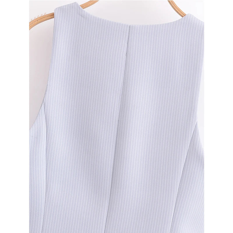 Women Patchwork Striped Temperament Vest Front Button V Neck Sleeveless Waistcoat Spring Summer Chic Tops voguable