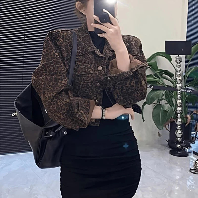 Y2K Cropped Leopard Denim Jacket Women Vintage Streetwear Long Sleeve Slim Short Coat American Harajuku Female Hip Hop Tops voguable