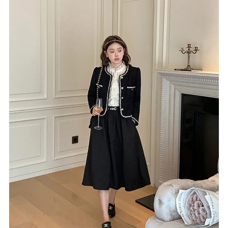 Vintage Jackets Women Black Tweed Cropped Coat Korean Elegant Thicken Single Breasted Blazer Casual Short Outerwear Tops voguable