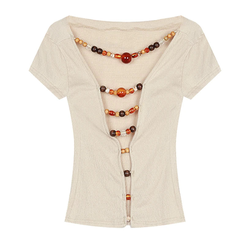 Voguable Streetwear Backless Wooden Beaded Sexy Long-sleeved T-shirt Women 2024 Summer New Off-the-shoulder Solid Color All Match Tops voguable
