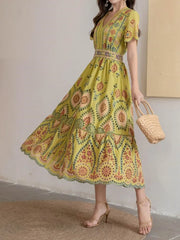 Voguable  Summer Vocation V neck Embroidery Hollow Out Hole Flower Midi Dress Woman Short Flare Sleeve Swing Beach Holiday Robe voguable