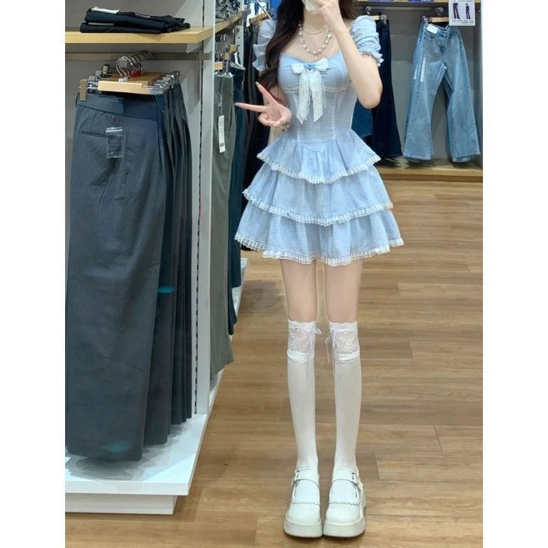 Voguable 2024 Summer Sweet Kawaii Blue Plaid Dress Woman Lolita Lace Y2k Mini Dress Short Party Elegant One Piece Dress Korean Fashion voguable
