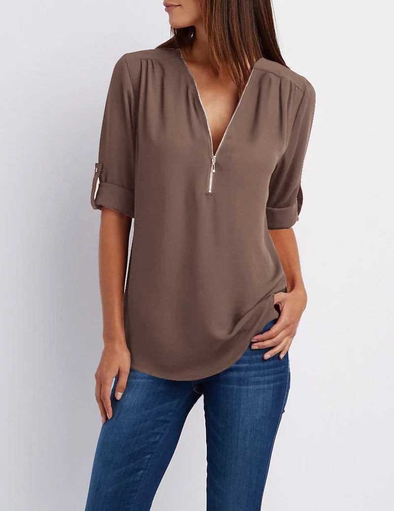 Summer Women Cool Loose Shirt Deep V Neck Chiffon Blouse Casual Ladies Tops Sexy Zipper Pullover Plus Size Long Sleeve Fashion voguable