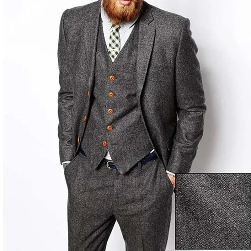 Voguable  Grey Herringbone Tweed Winter Men Suits For Wedding Groom Tuxedo Formal Male Suit Fashion 3 Piece ( Jacket +Vest +Pants ) voguable