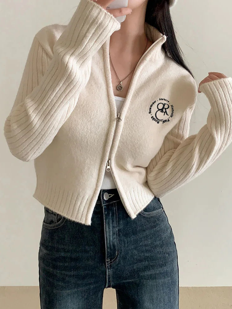 Voguable Double-ended Zipper Sweater Cardigan for Women Knitting Slim Sweaters Coat Female Casual Korean Knitwear Autumn Outfits voguable