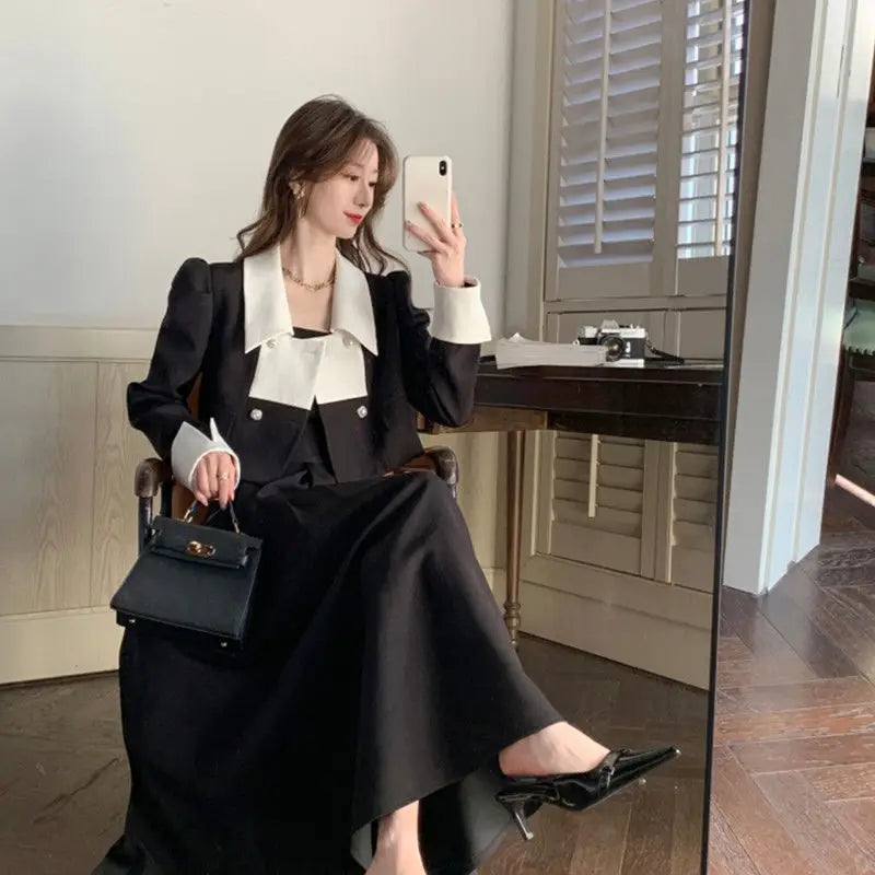 Voguable  Autumn Elegant 2 Piece Dress Set Women Slim Vintage Party Office Lady Korean Suit Long Sleeve Crop Tops + Casual Midi Skirt voguable