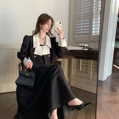 Voguable  Autumn Elegant 2 Piece Dress Set Women Slim Vintage Party Office Lady Korean Suit Long Sleeve Crop Tops + Casual Midi Skirt voguable