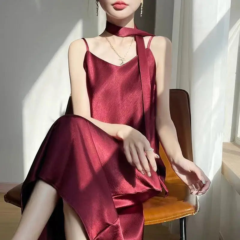 French Elegant Satin Camis Dress Women Summer Loose with Ribbon Midi Dress Female Fashion Aesthetic Party Evening Slip Dress voguable