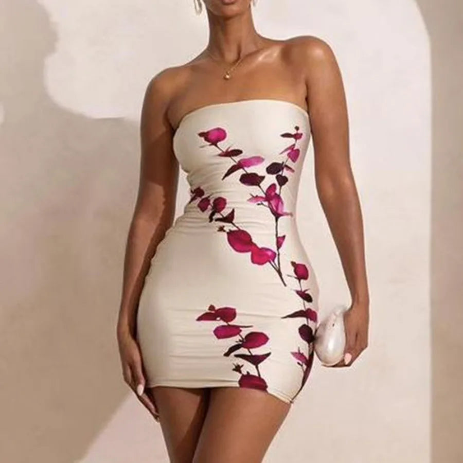 Voguable  European and American sexy tube top short skirt party slim print slimming girl bag hip skirt dress voguable