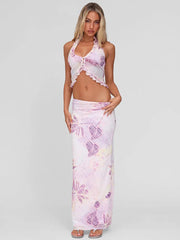 Mesh Print Sexy Skirt Two Piece Set Women Fashion Halter Tank Tops And Maxi Skirt Female Elegant Printed 2 Piece Set voguable