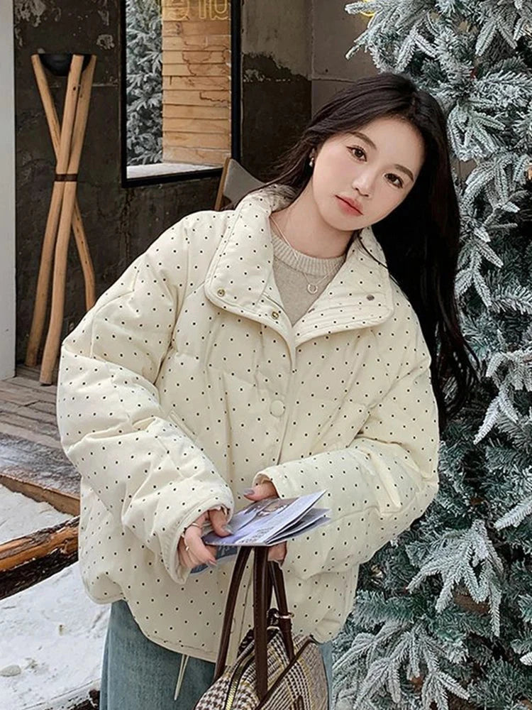 Dot Sweet Warm Parkas Women Long Sleeve Retro Winter Thick Cute Cotton Coat Casual Stand Collar Pockets Korean New Jacket voguable