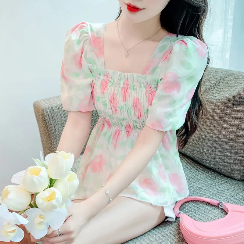 Voguable  Summer Square Collar Bubble Sleeve Floral Top voguable