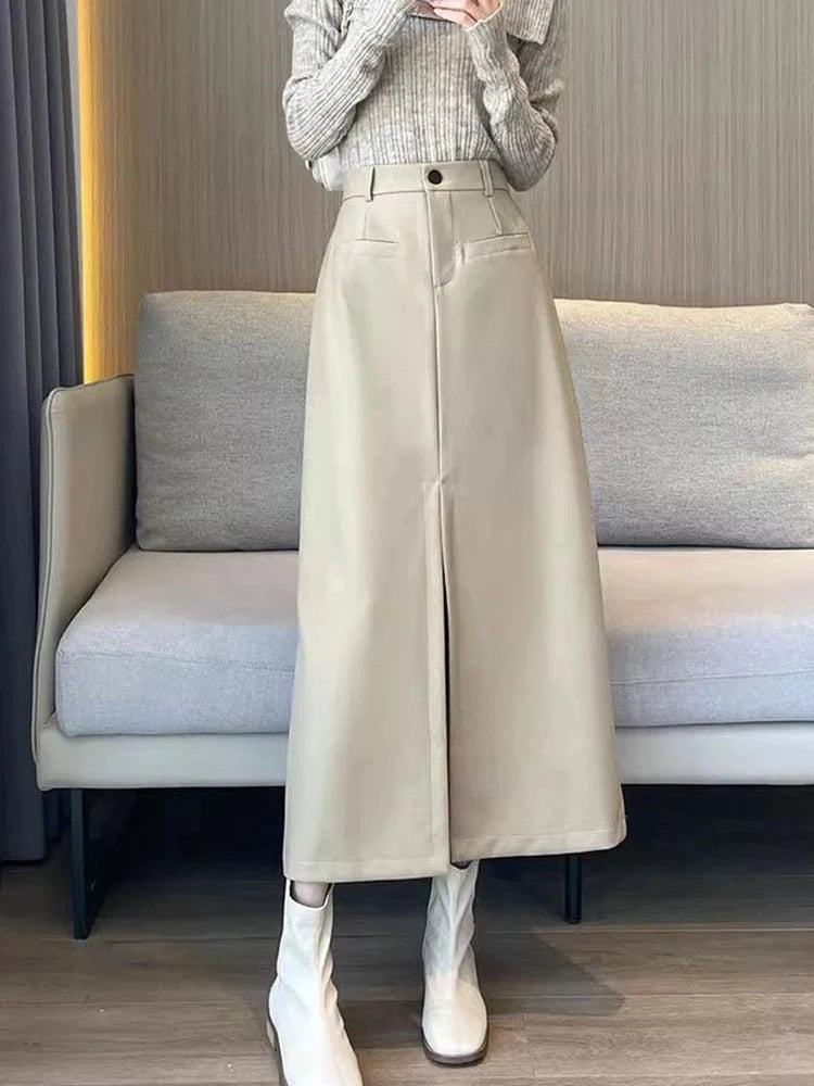 Sexy Slit Pu Long Skirt Women High Waist Slim Vintage Skirts Casual Fall Winter Lady Solid Retro American Streetwear Long Skirt voguable