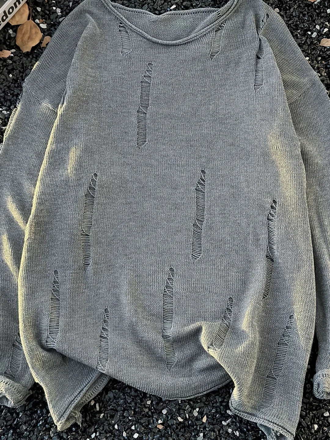 Voguable  Ripped Knitted Lace Mesh Sunshade Long Sleeve T-Shirt for Men Casual Style Breathable Comfortable round Neck Design voguable