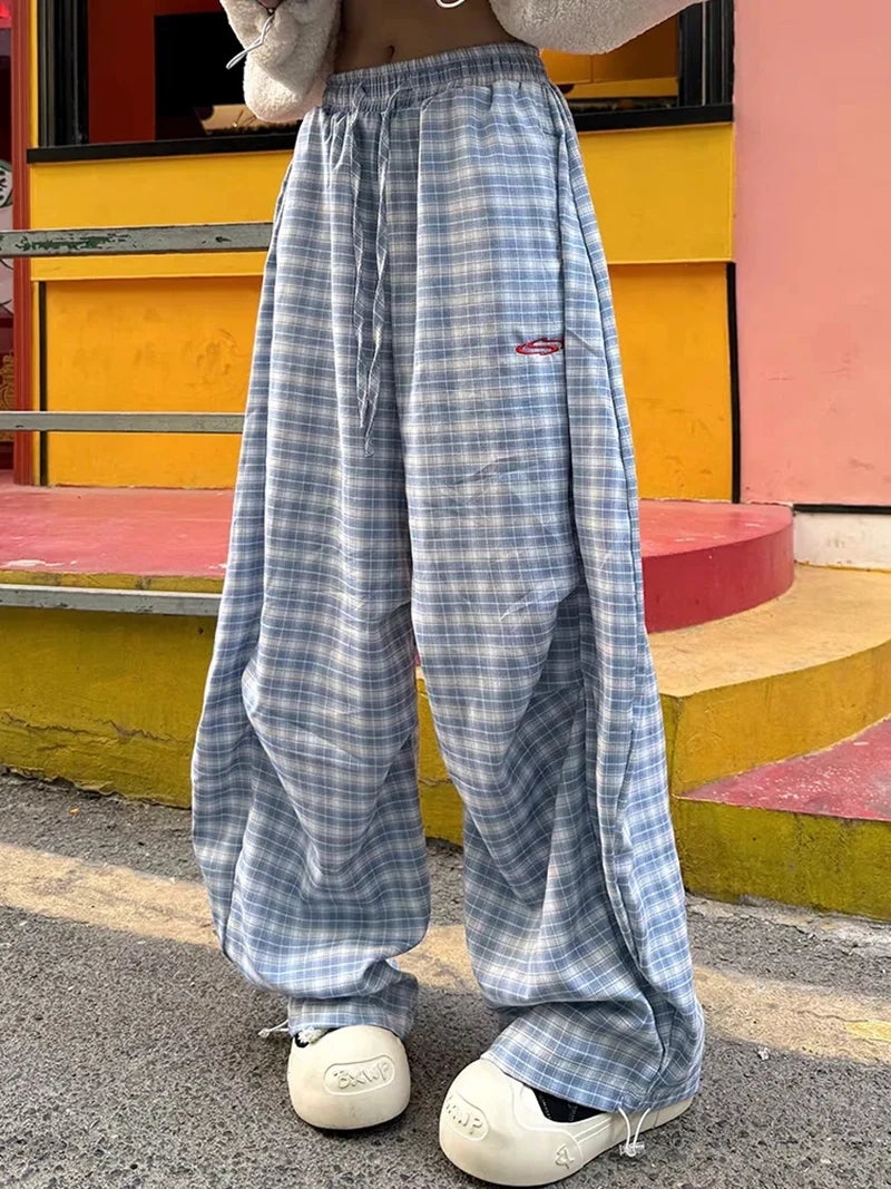 Streetwear Y2K Plaid Pants Women Vintage American High Waist Scimitar Pants Harajuku Oversize Loose Bf Casual Trousers New voguable