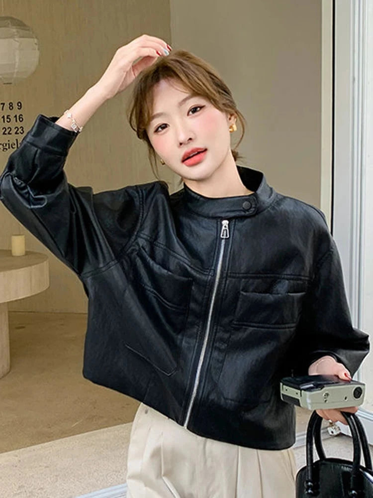 Sweet Biker Pu Jacket Women Vintage Preppy Style Big Pockets Short Coat Casual Korean Long Sleeve Retro O Neck Cute Tops voguable