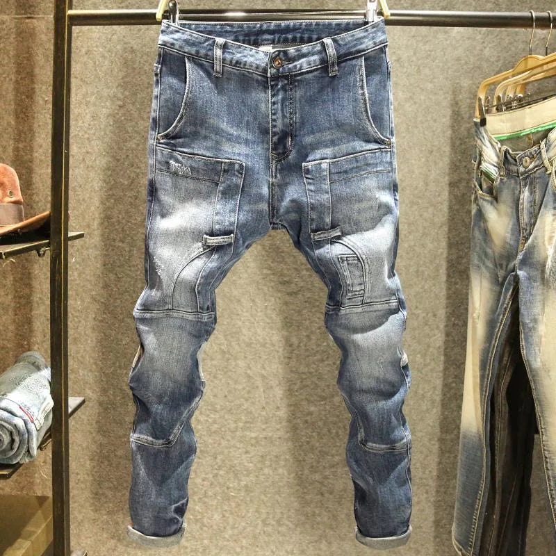 Voguable  Fashionable Workwear Jeans Men's Slim Fit High Street Trend Patchwork Long Pants New Arrival Youth Casual High Waist voguable