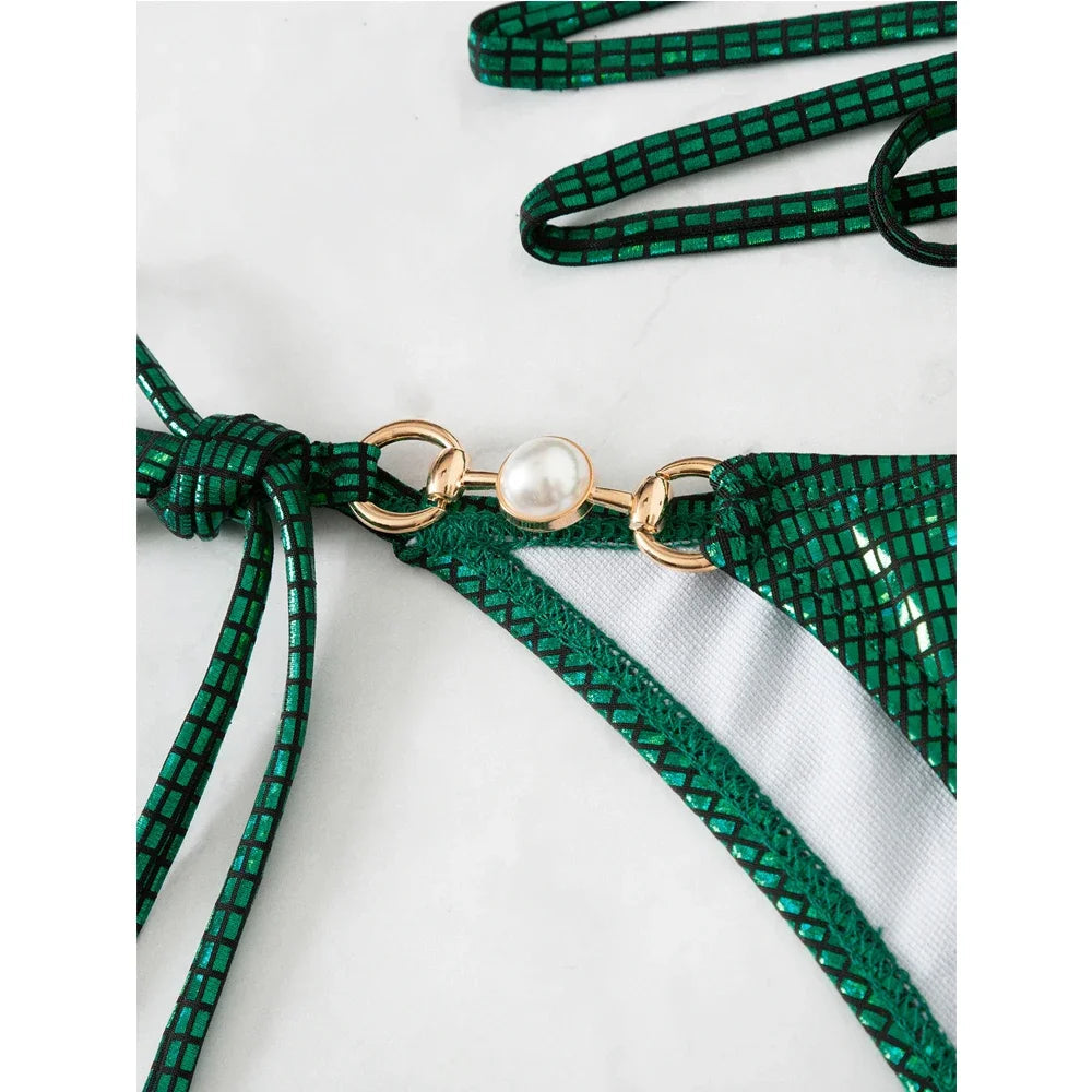 Voguable  Green Shiny Bikini Women 2-piece Low Waist Swimsuit Sexy Triangle Cup Suspender Backless Bathing Suit Summer Beach Swimwear voguable