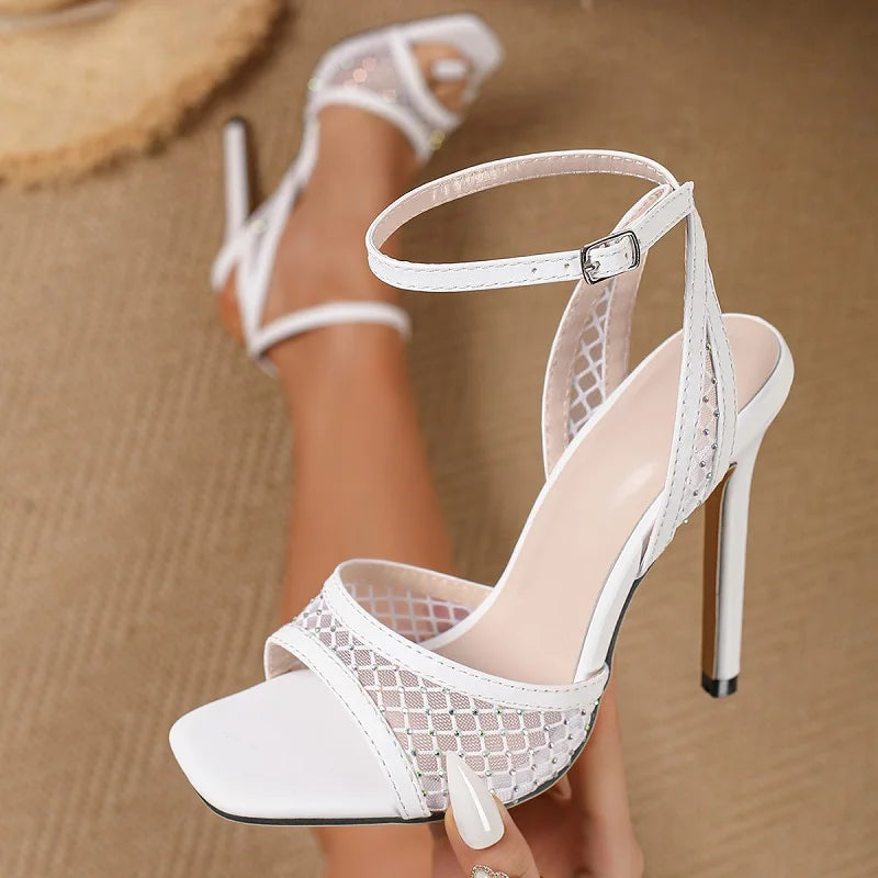 Voguable  New Summer Fashion Crystal Breathable Hollow Out Sandals Women Square Toe Buckle Strap Thin Heels Ladies Shoes voguable