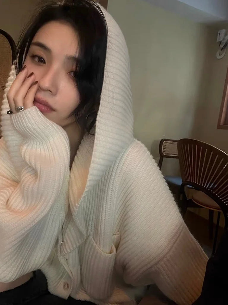 Women's Hooded Cardigan Button Up with Pocket Knitted Sweater Hoodie Slouchy Knitwear Fall Winter Casual Chic Outfit voguable