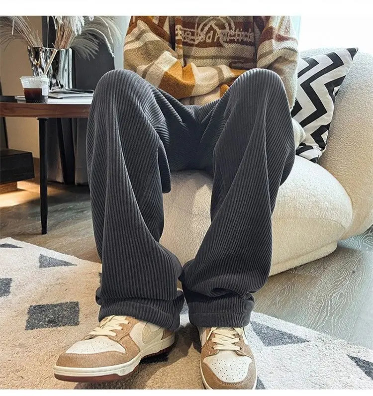 Autumn Corduroy Straight Trousers Men Loose Solid Casual Drape Trousers Harajuku Fashion Drawstring Street Wide Leg Sweatpant voguable